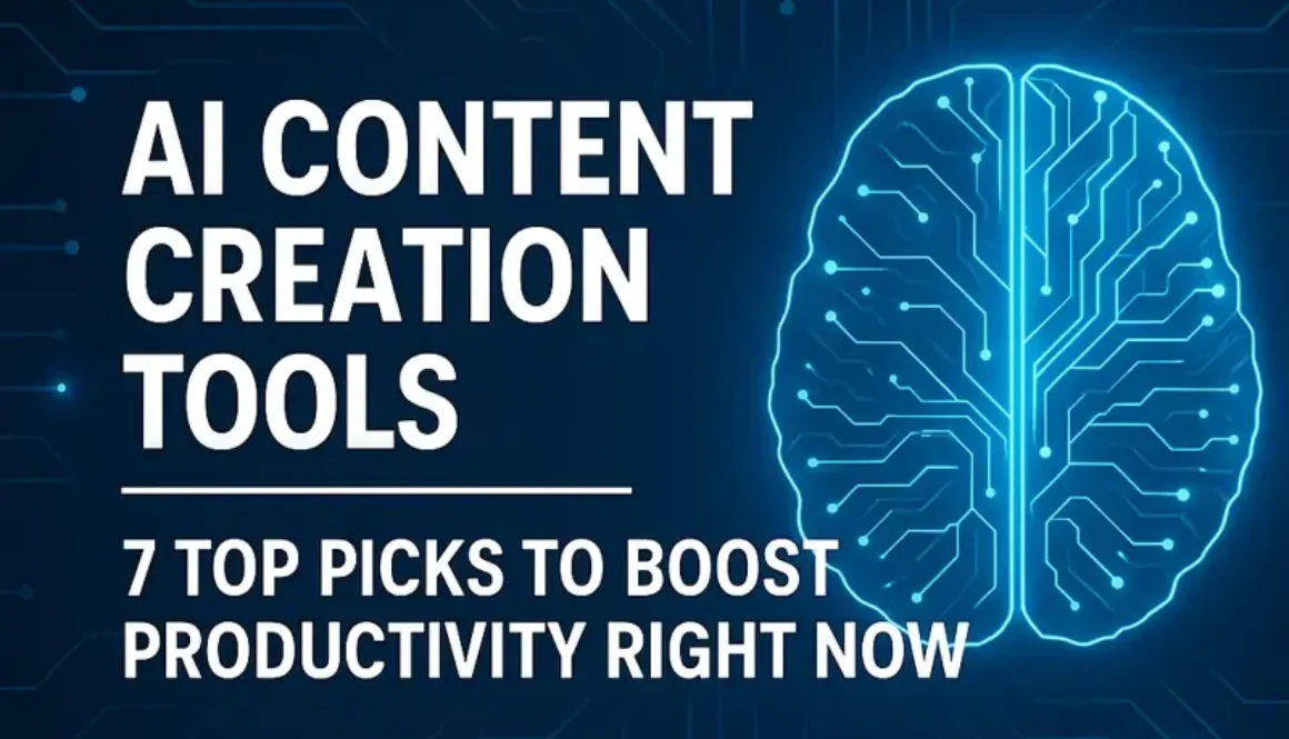 AI Content Creation Tools illustration featuring a light, modern workspace with creative digital elements representing writing, video, and design tools.