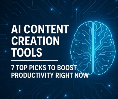 AI Content Creation Tools illustration featuring a light, modern workspace with creative digital elements representing writing, video, and design tools.